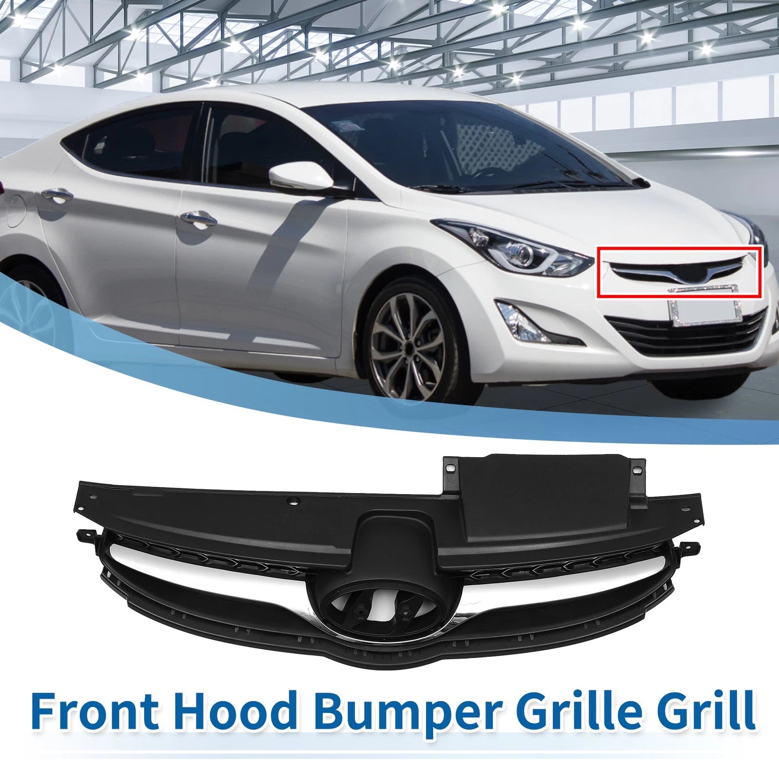 Front Upper Bumper Grille for Hyundai Elantra (2014–2018) Black Chrome