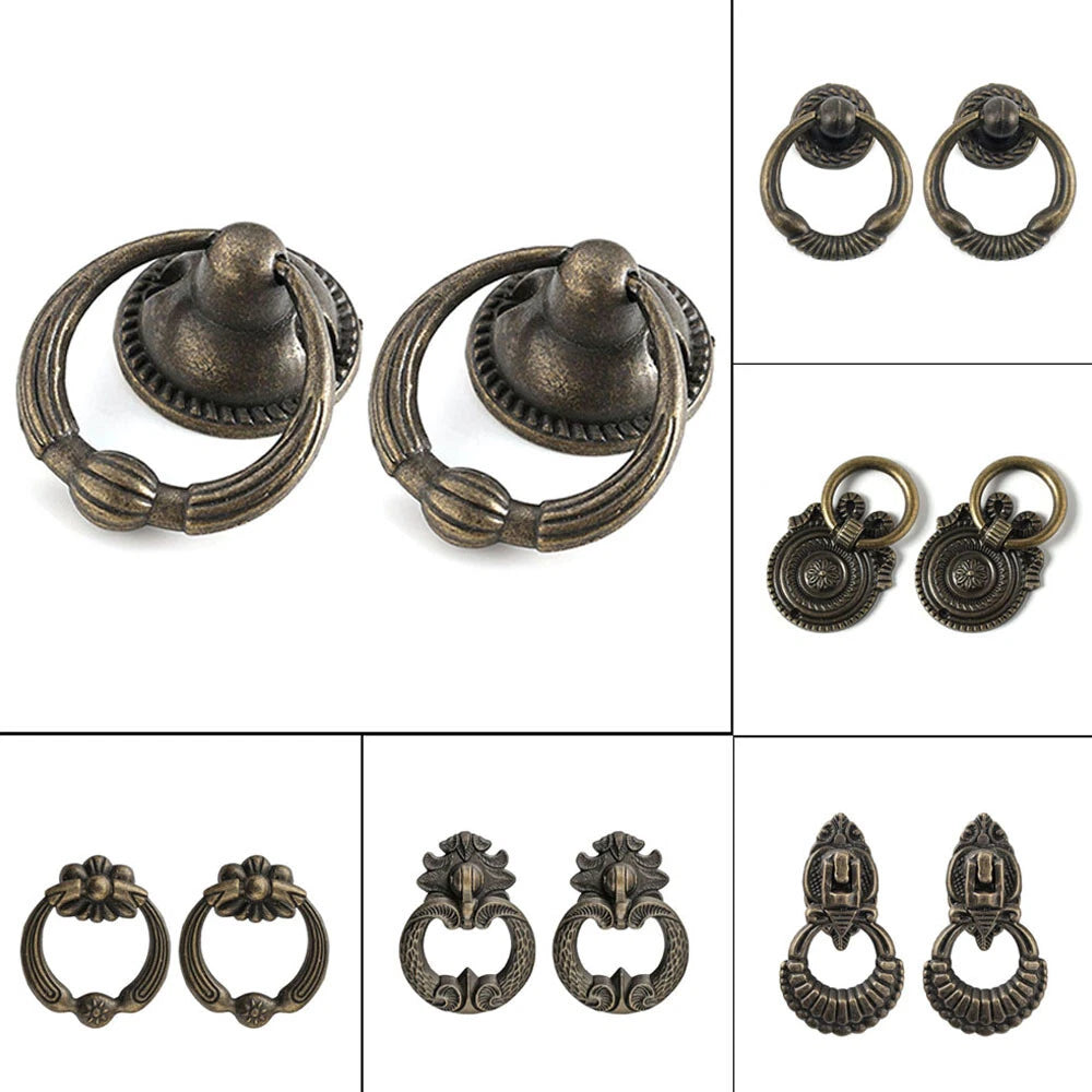 Set of 10 Vintage Drop Ring Pull Handles for Cabinets and Drawers