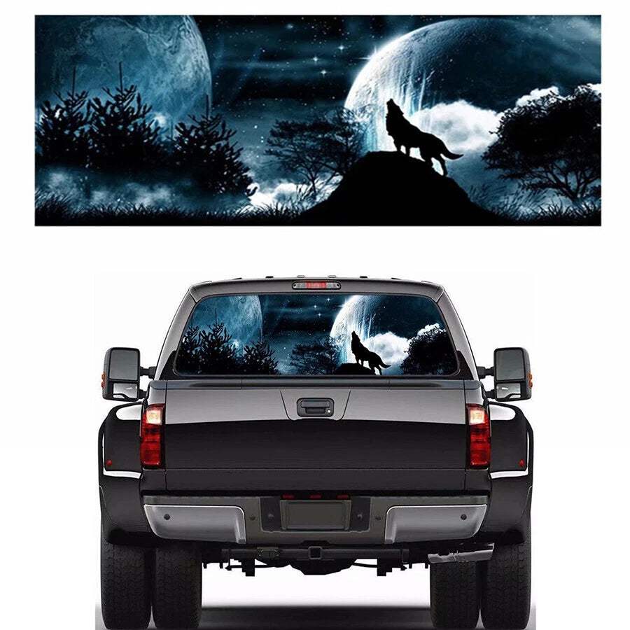 18" x 58" Rear Window Tailgate Decal for Car - Night Wolf Howling Moon