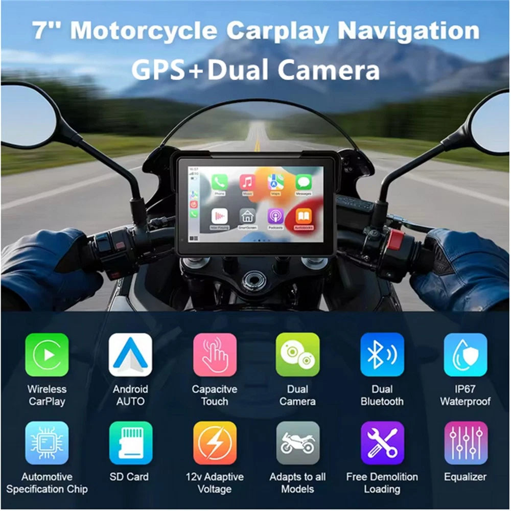 7" Portable Motorcycle GPS Navigation Wireless CarPlay Android Auto with Camera