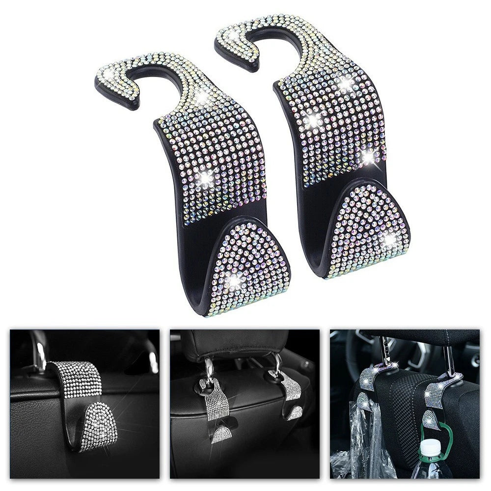 2X Rhinestone Back Seat Headrest Hanger Hooks for Car