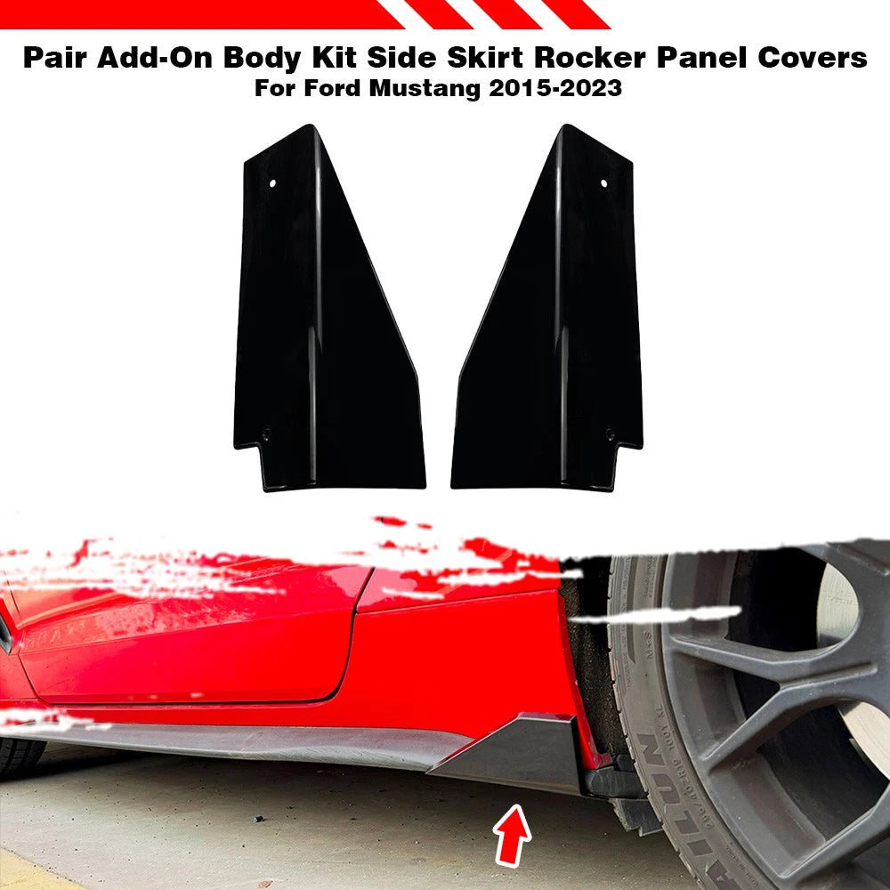 Pair Black Side Skirt Rocker Panel Covers for Ford Mustang (2015–2023)