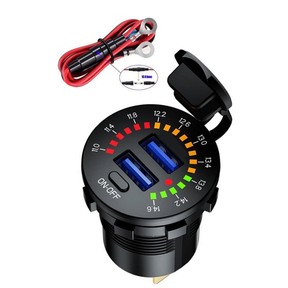 Dual USB Charger Socket with LED Voltmeter for 12V 24V Vehicles