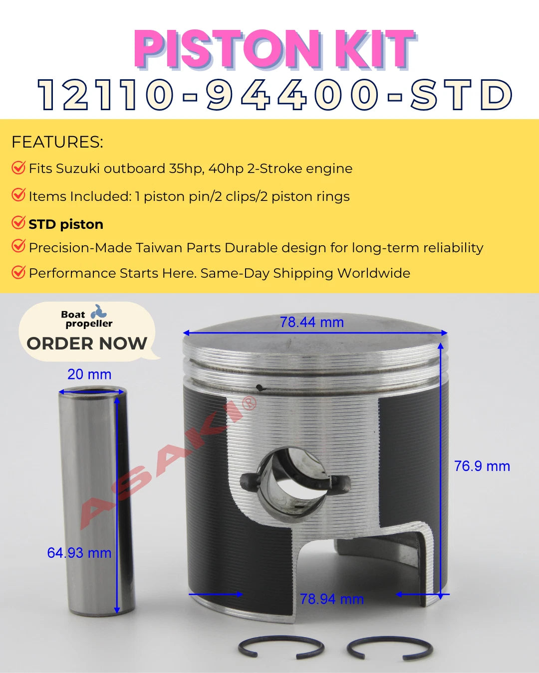 Piston Kit for Suzuki Outboard 35, 40 HP (12110-94400-STD)