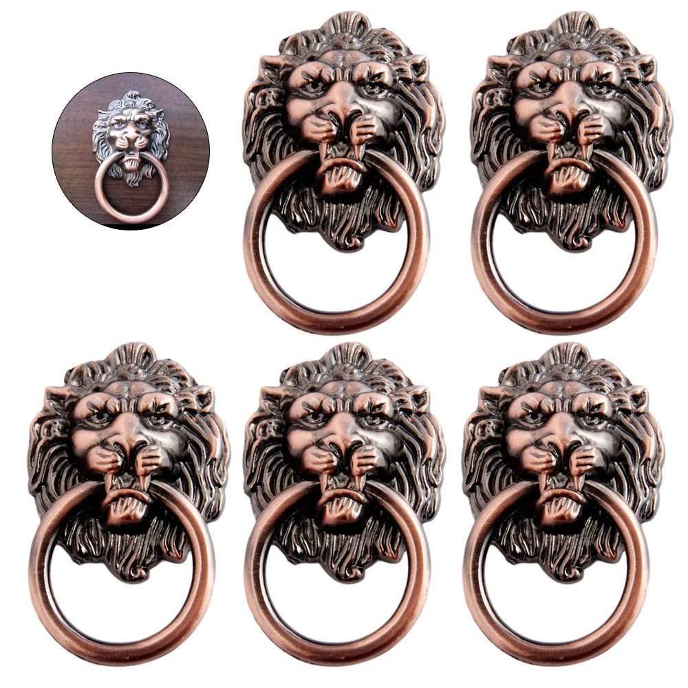 5Pcs Vintage Lion Head Ring Pull Handle Knobs for Cupboard Door Drawer