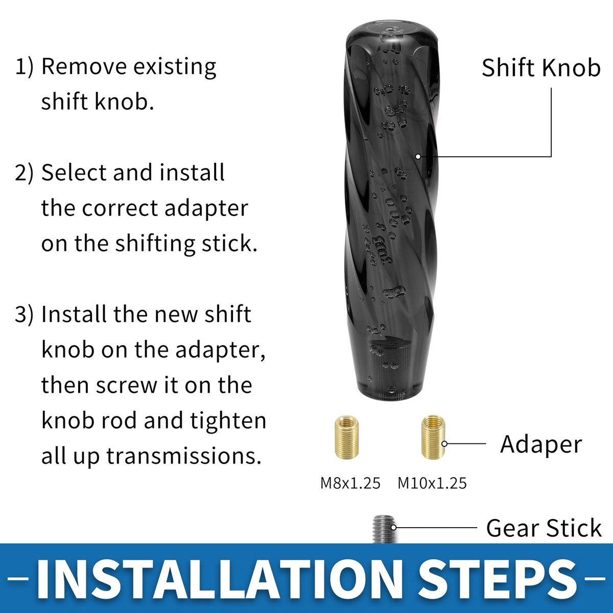 Universal Shift Knob with 2 Adapters for All Vehicles (20cm) Acrylic Black