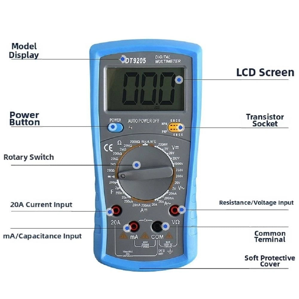 DT9205 Digital Multimeter for Electronics Testing (1999 Count)