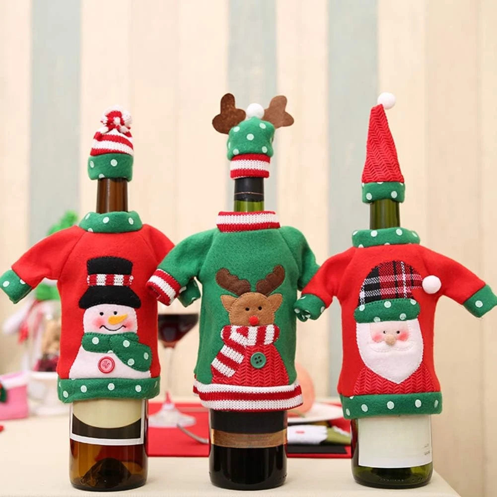 Set of 3 Snowman Elk Wine Bottle Covers for Holiday Table Setting
