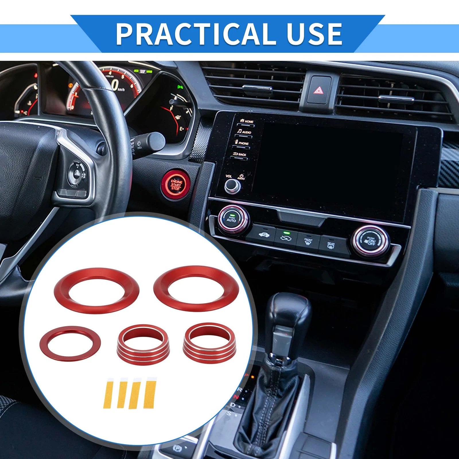 Engine Start Speaker Switch Knob Cover Ring Set for Honda Civic (2016–2021)