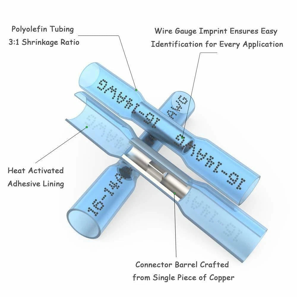 100X Heat Shrink Butt Connectors for Crimp Terminal 16-14 AWG