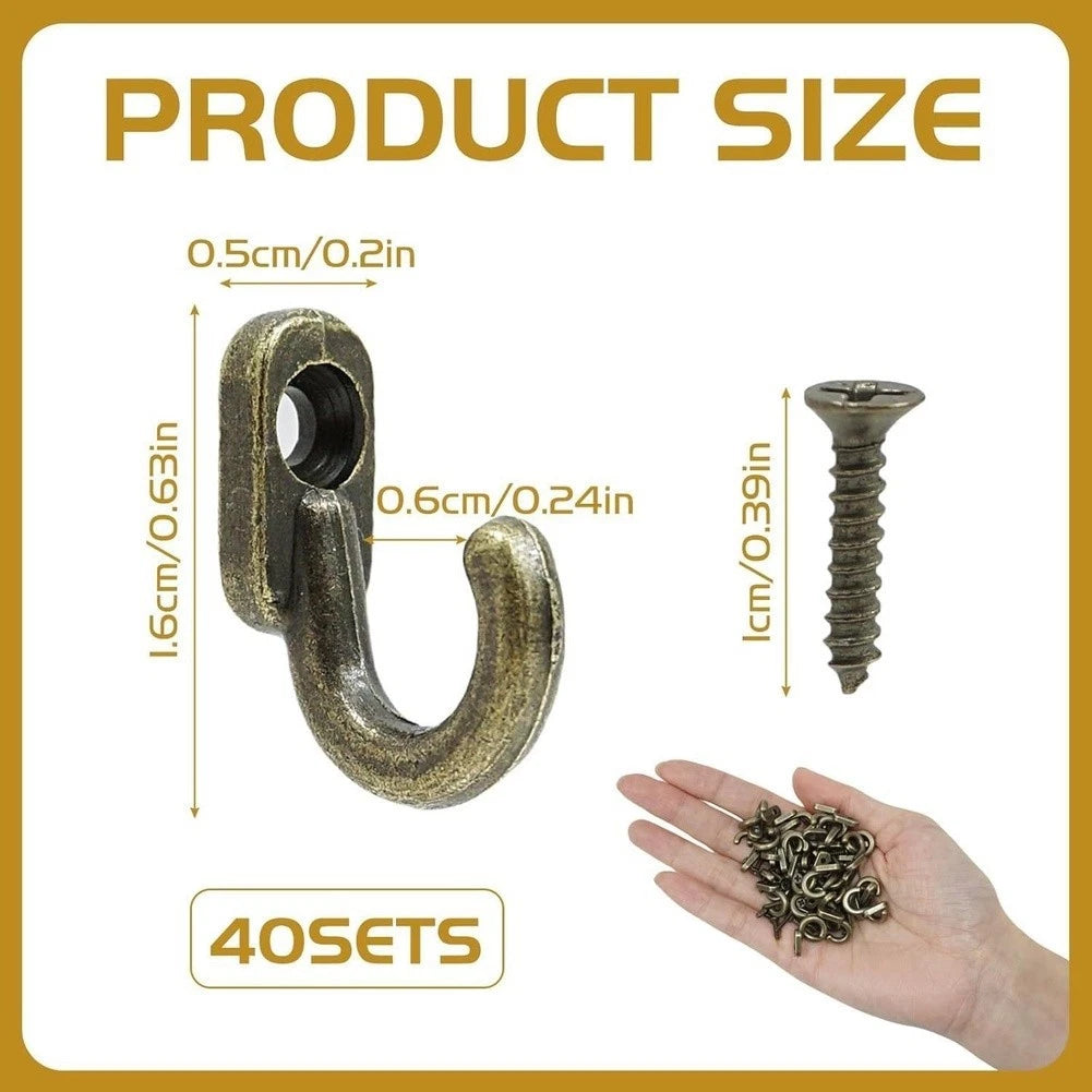 40pcs Bronze Hooks with Screws for Wall Mounted Clothes Storage