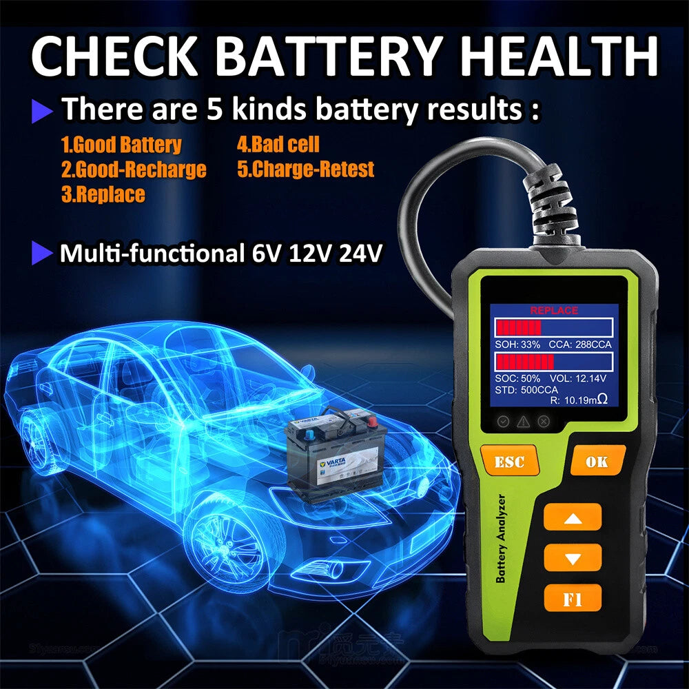 BT30 Battery Tester Analyser Diagnostic Tool For Car Motorcycle Truck 6V 12V 24V