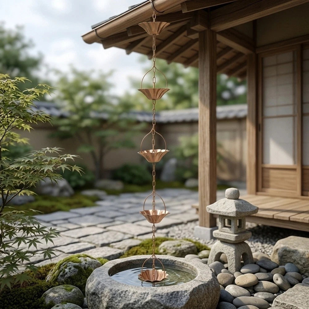 3.2 FT Galvanized Rain Chain with 5 Lotus Cups for Eaves Decor