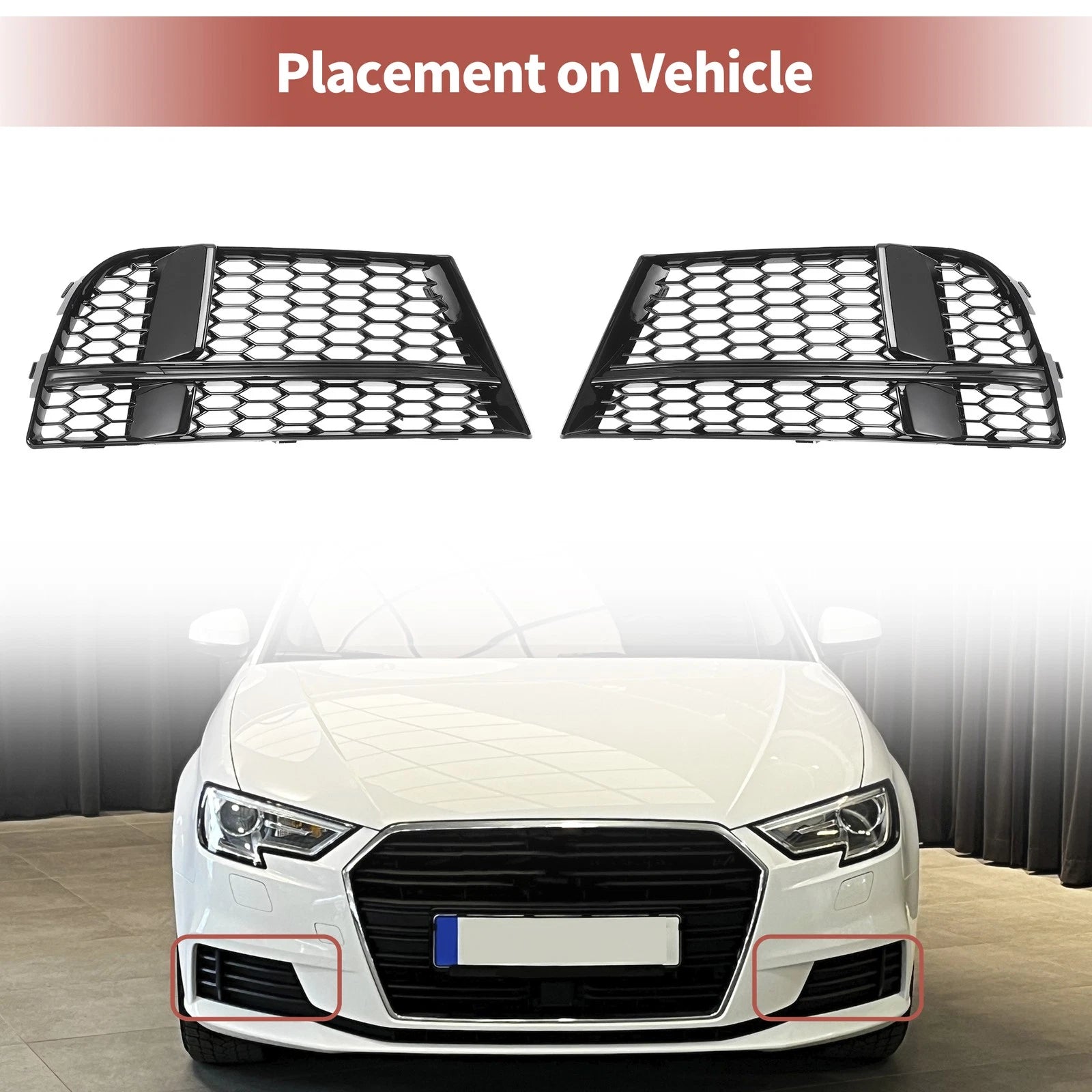Front Fog Light Grill Pair for Audi A3 (2017–2020) Honeycomb OEM Replacement