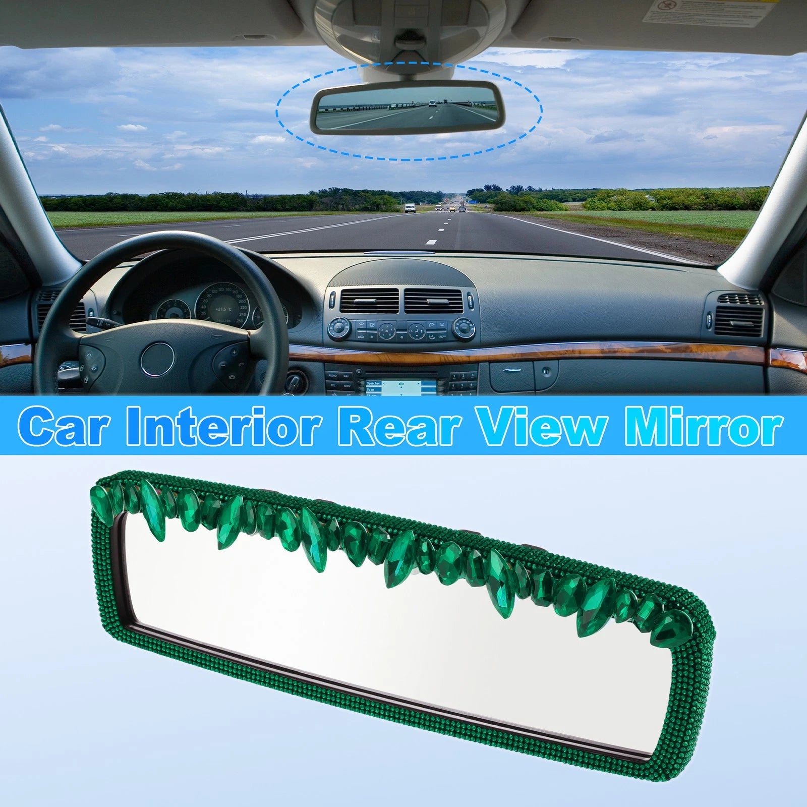 Interior Rearview Mirror Clip-On Rectangle Green for Universal Fit (1 pcs)