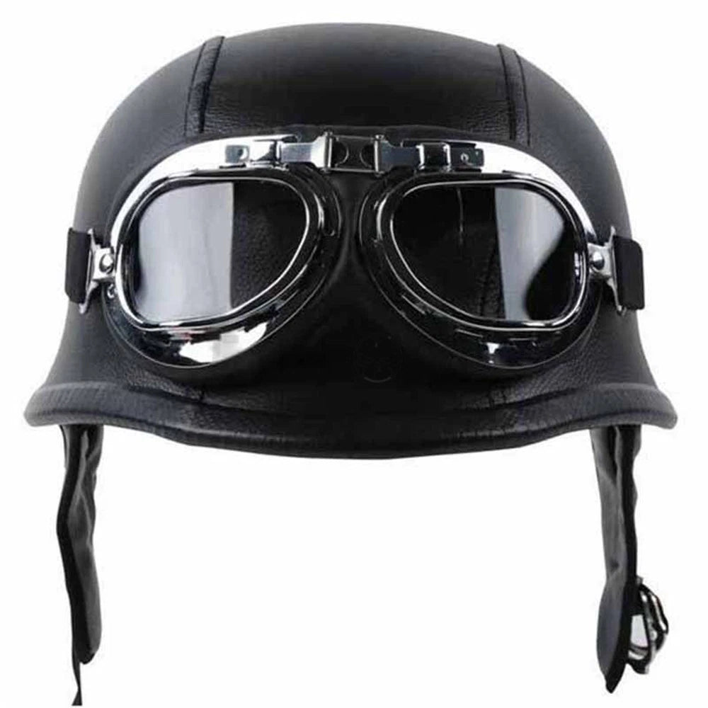 Black Leather Half Face Helmet with Goggles for Motorcycle (DOT Approved)