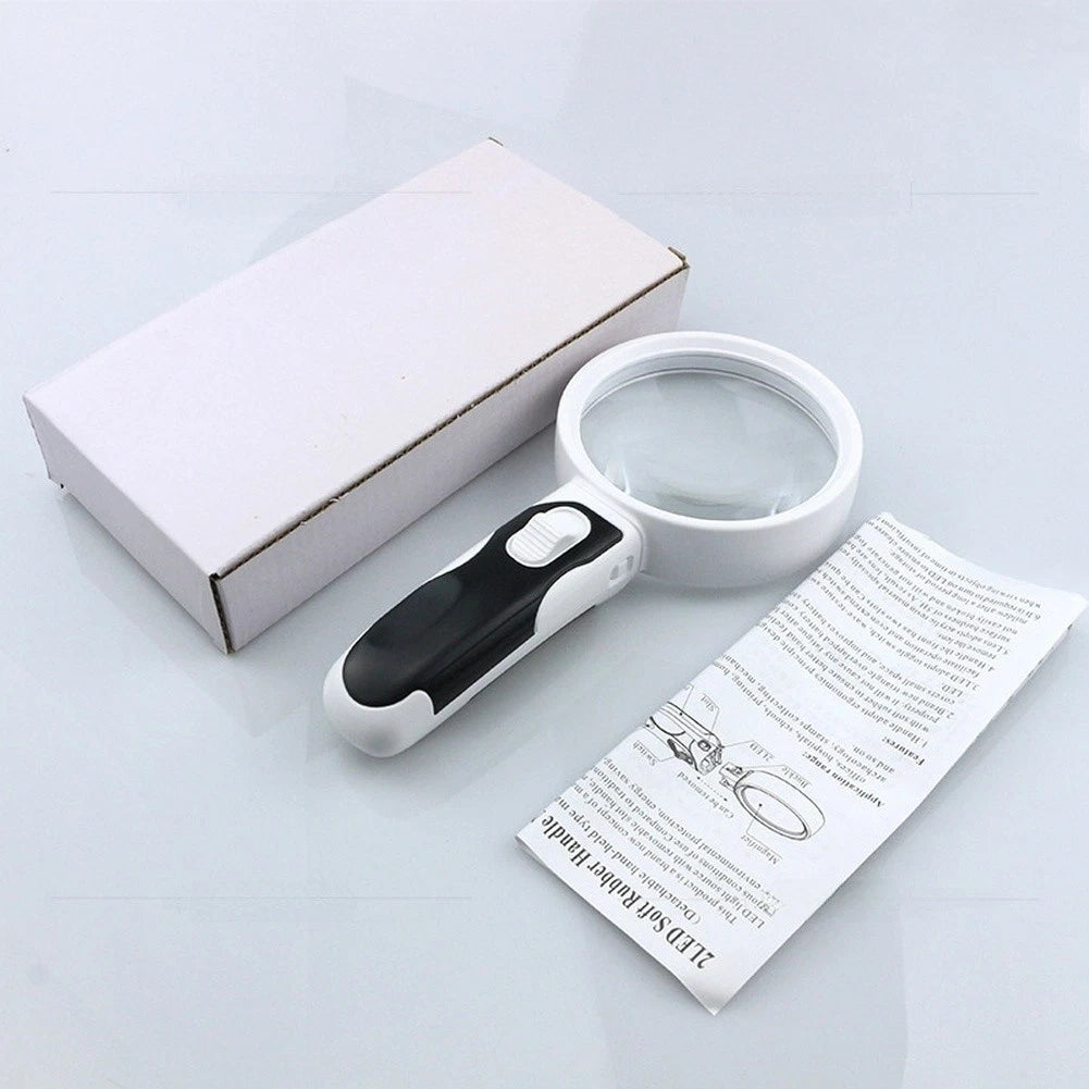 20X Illuminated Magnifying Glass with 2 LED Lights 90mm Lens Rubber Handle