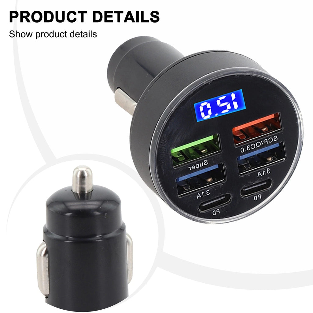 6-Port Car Charger with LED Display and Multiple USB Outputs