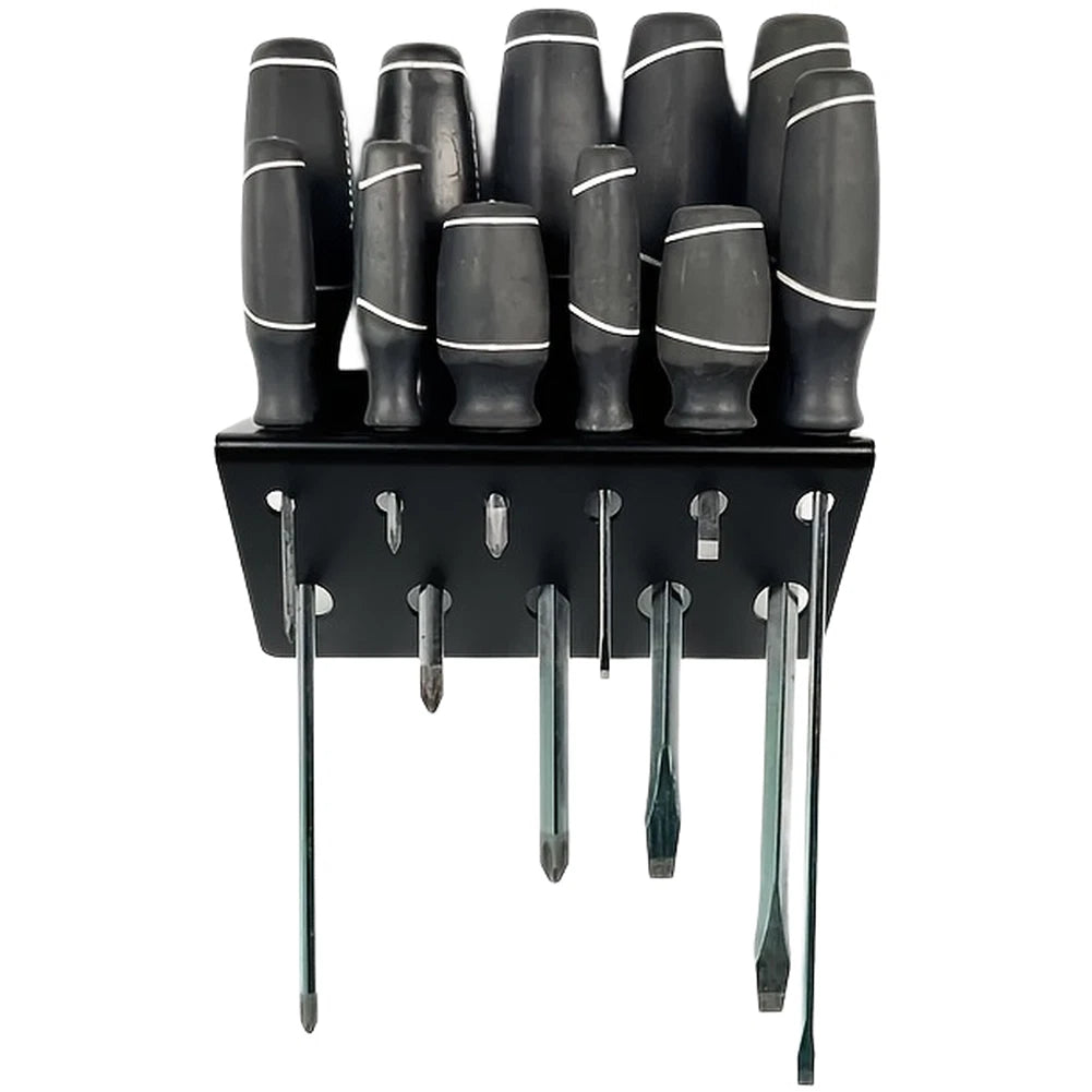 11-Hole Black Iron Screwdriver Holder for Workshop Use