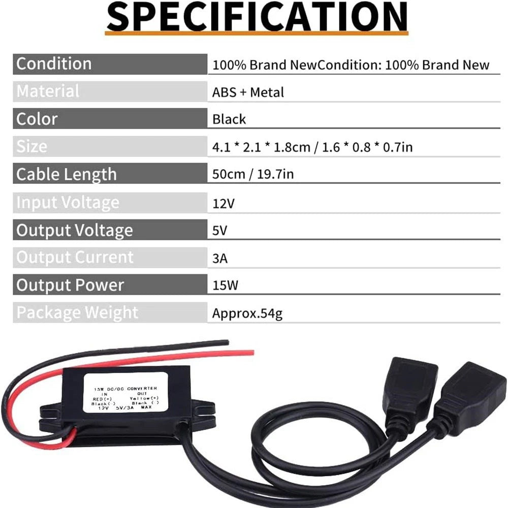 12V to 5V 3A DC Dual USB Step Down Buck Converter for Dash Cam (2010–2023)