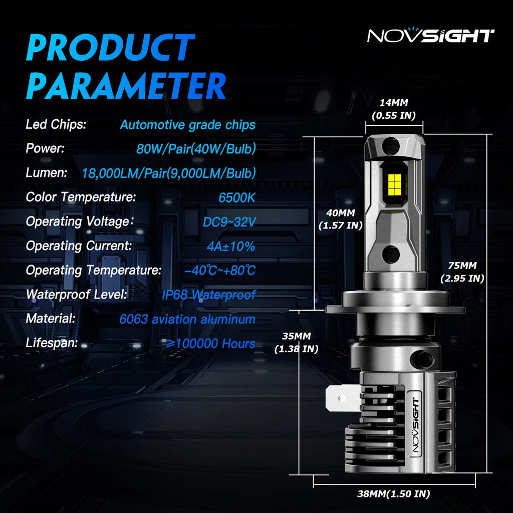 H7 LED Headlight Bulb Kit for NOVSIGHT (18000LM, 6500K)