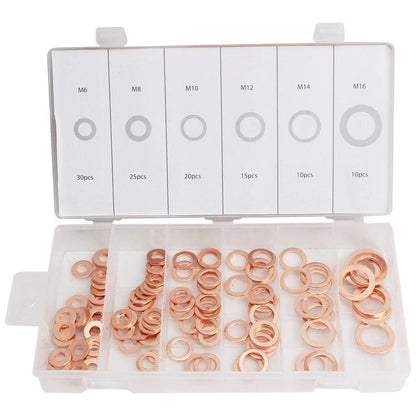 Copper Flat Washer Gasket Seal Kit Set 110 Pieces with Plastic Storage Box