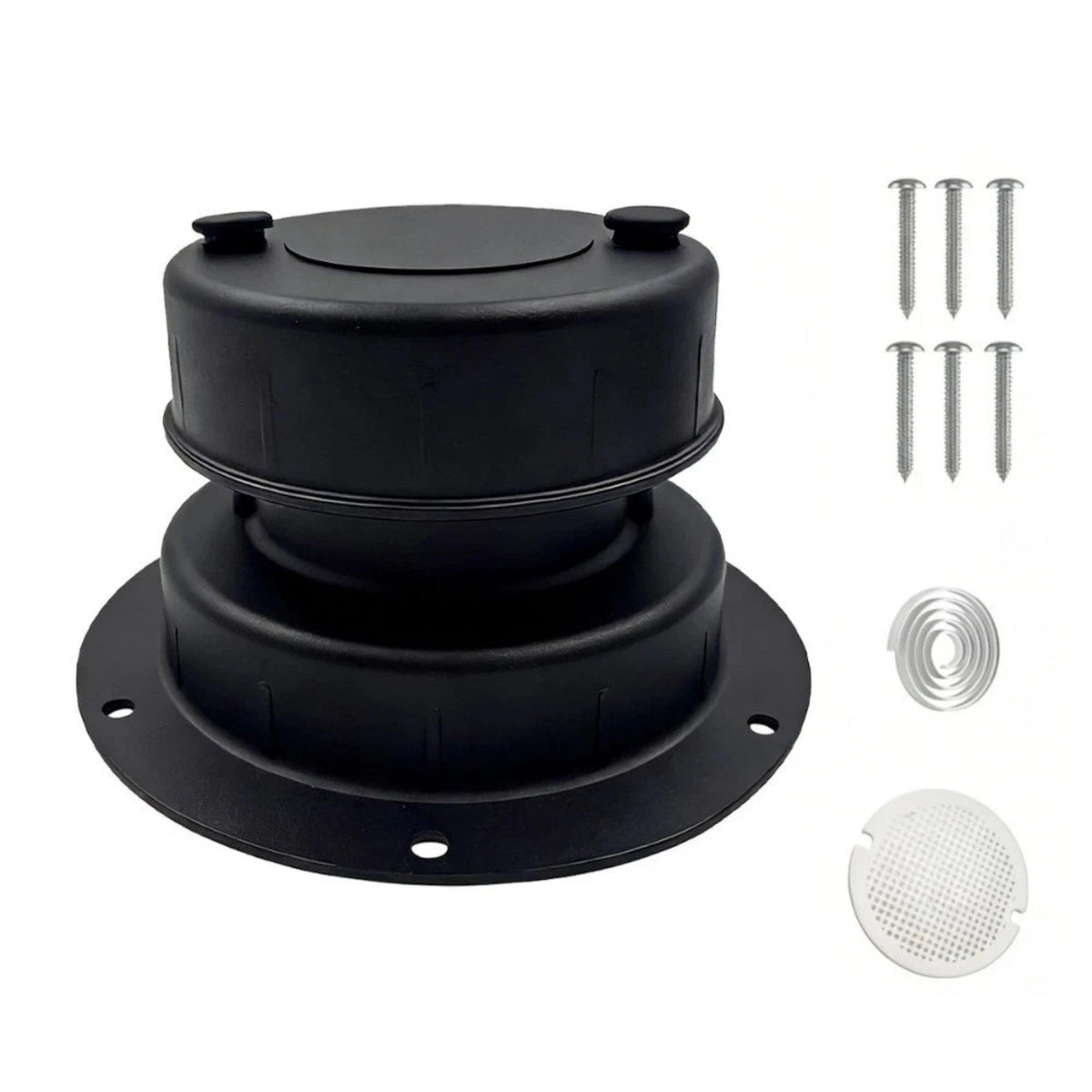 Black Aluminum Vent Cover for RV Roof Sewer Pipe (Includes Adhesive Tape & Screen)