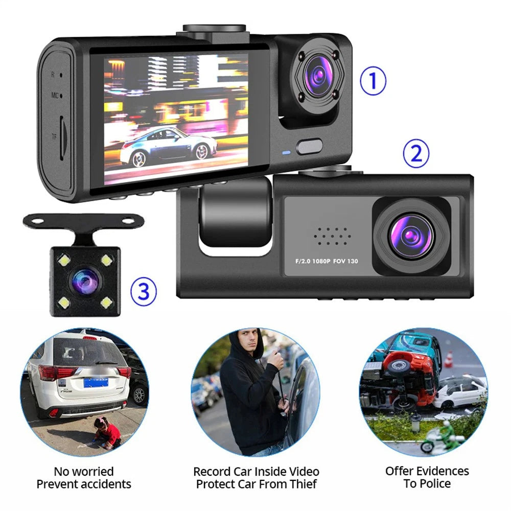 Dual Lens Dash Cam for Car (HD 1080P, Front/Rear/Inside)