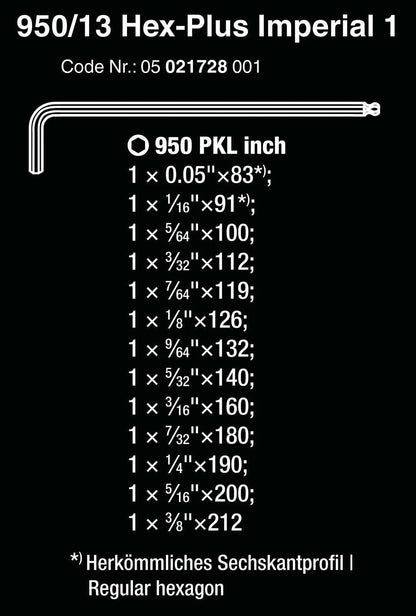 13 Piece L-Key Hex Set for Wera (05021728001)