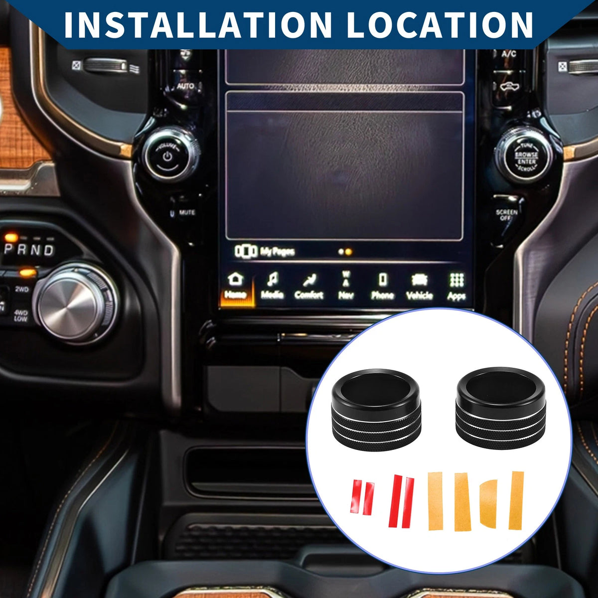 Media Radio Audio Tune Switch Knob Cover for Dodge Ram (2019–2022) Black 2 Pcs