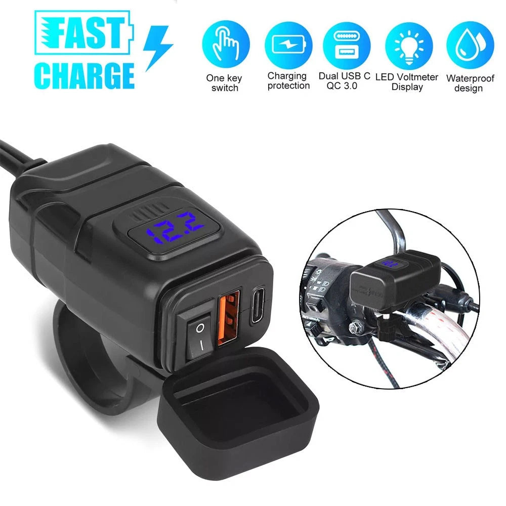 Dual USB Quick Charger Voltmeter for Motorcycle ATV (12V-24V)