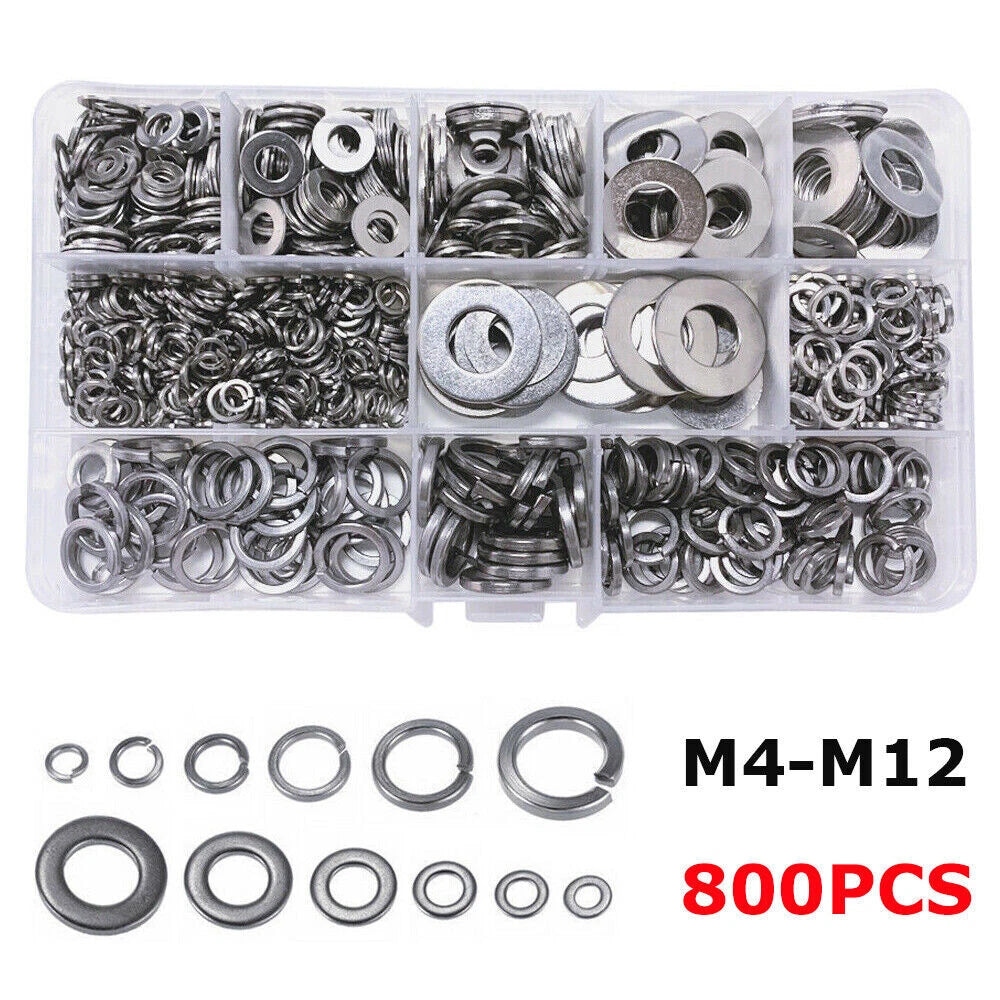 Set of 800 Flat & Spring Washers for M4-M12 Stainless Steel Assortment
