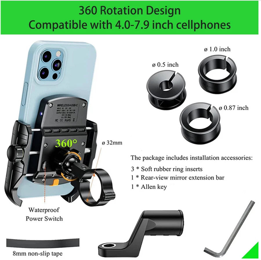 Motorcycle Phone Holder Wireless Charger Handlebar Mount for 4"-7" Phones