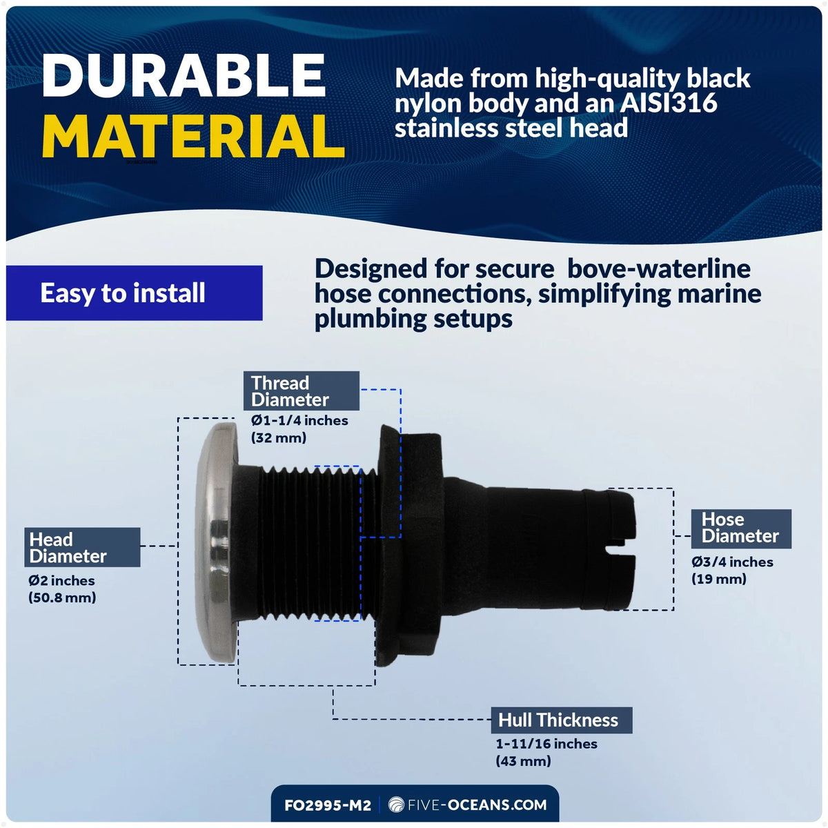 2X Straight Thru-Hull Connection for Hose, 3/4 inches FO2995-M2