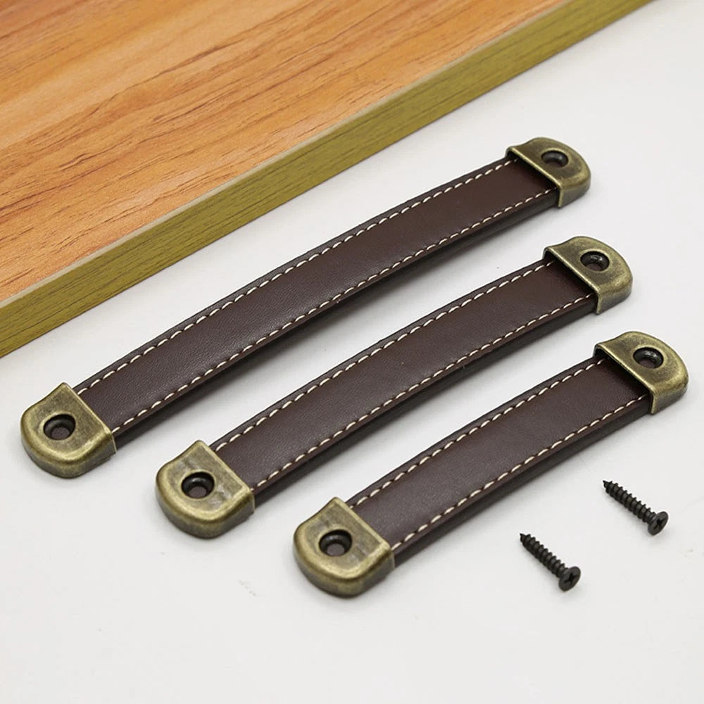 2X Antique Leather Door Pull Handles for Cabinet Bookcase Drawer