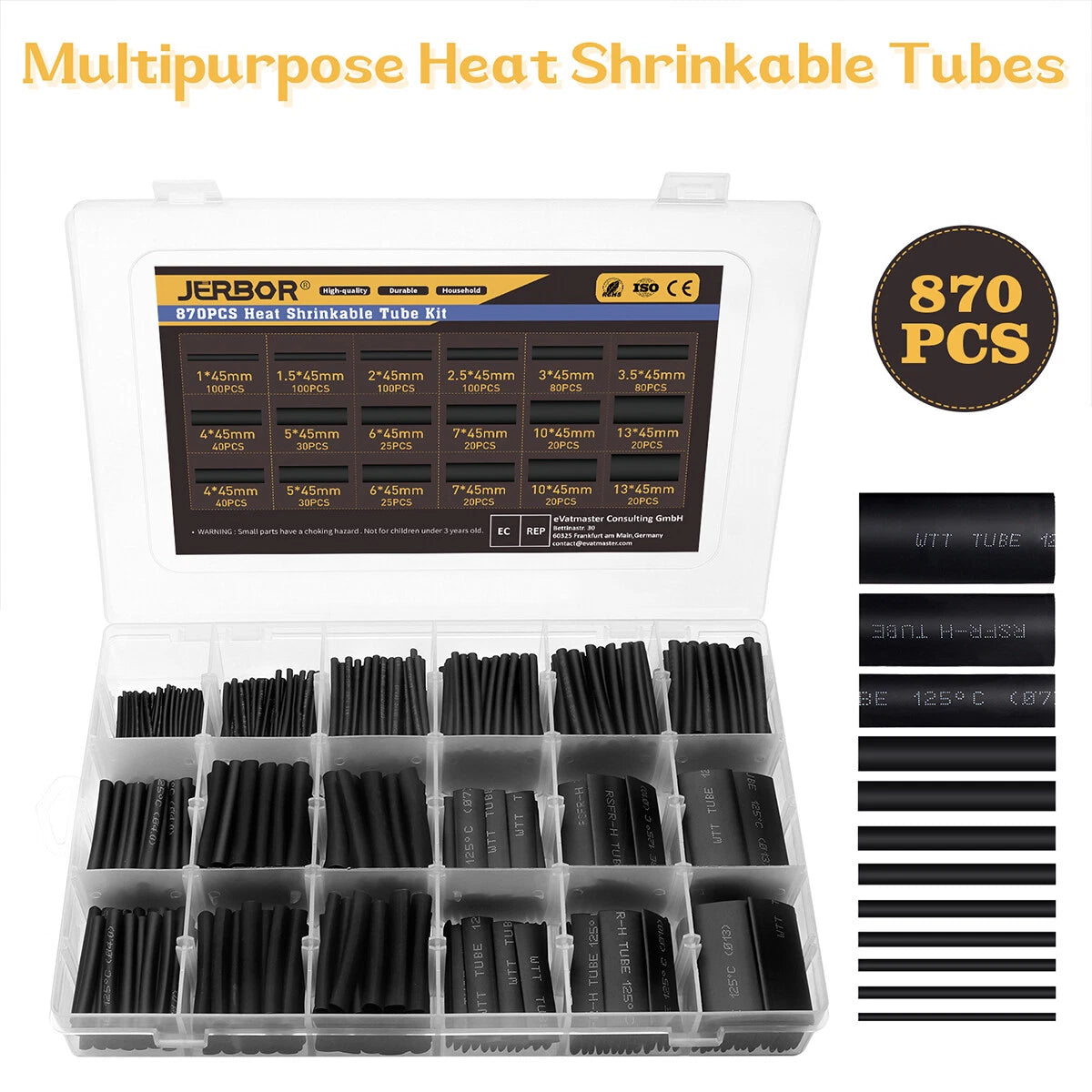 870 Pcs Heat Shrink Tubing Sleeve Assortment Kit 2:1