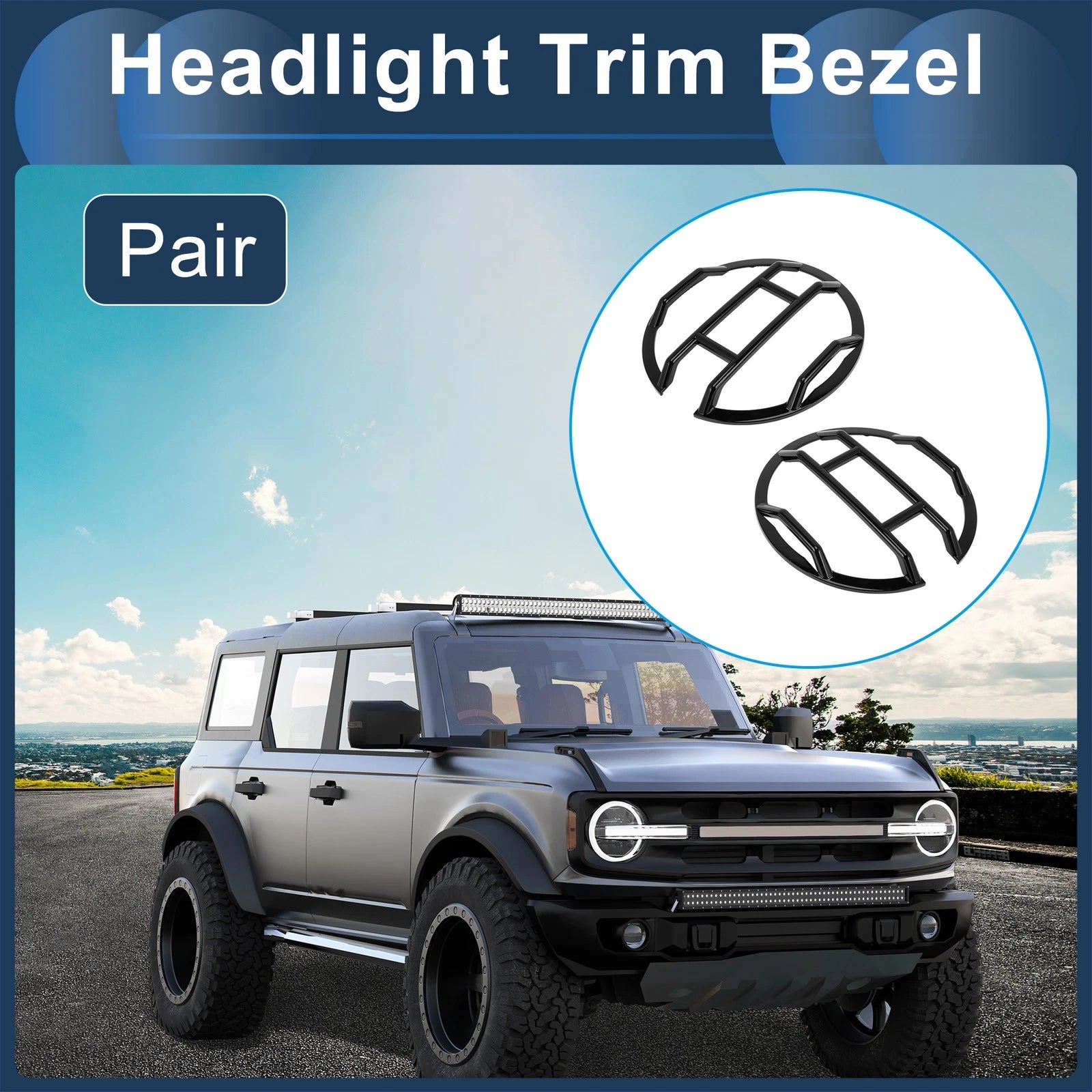 Set of 2 Headlight Trim Bezels for Ford (Black ABS)