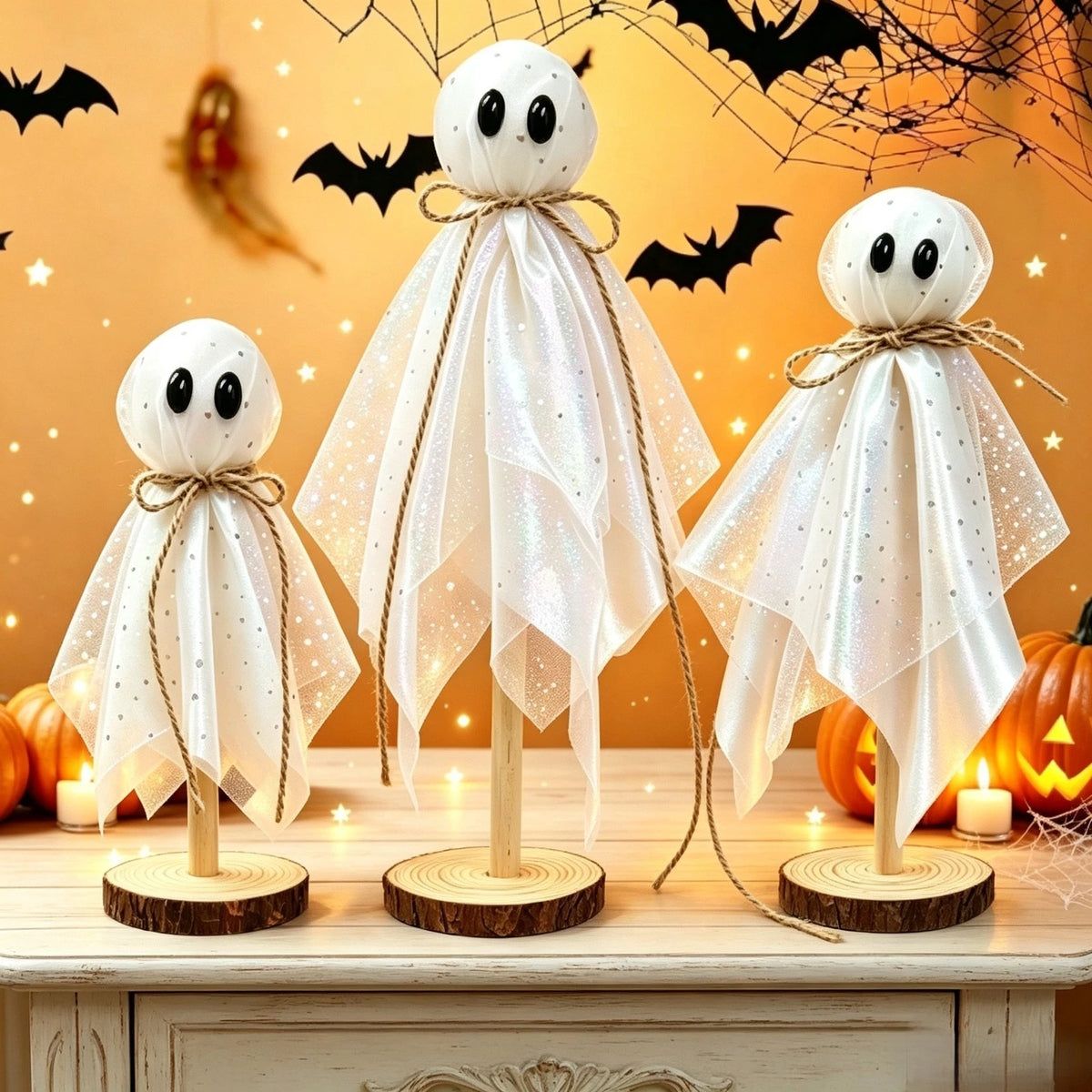 3X Standing Halloween Ghosts with Cartoon Eyes on Rustic Wood Slice Base