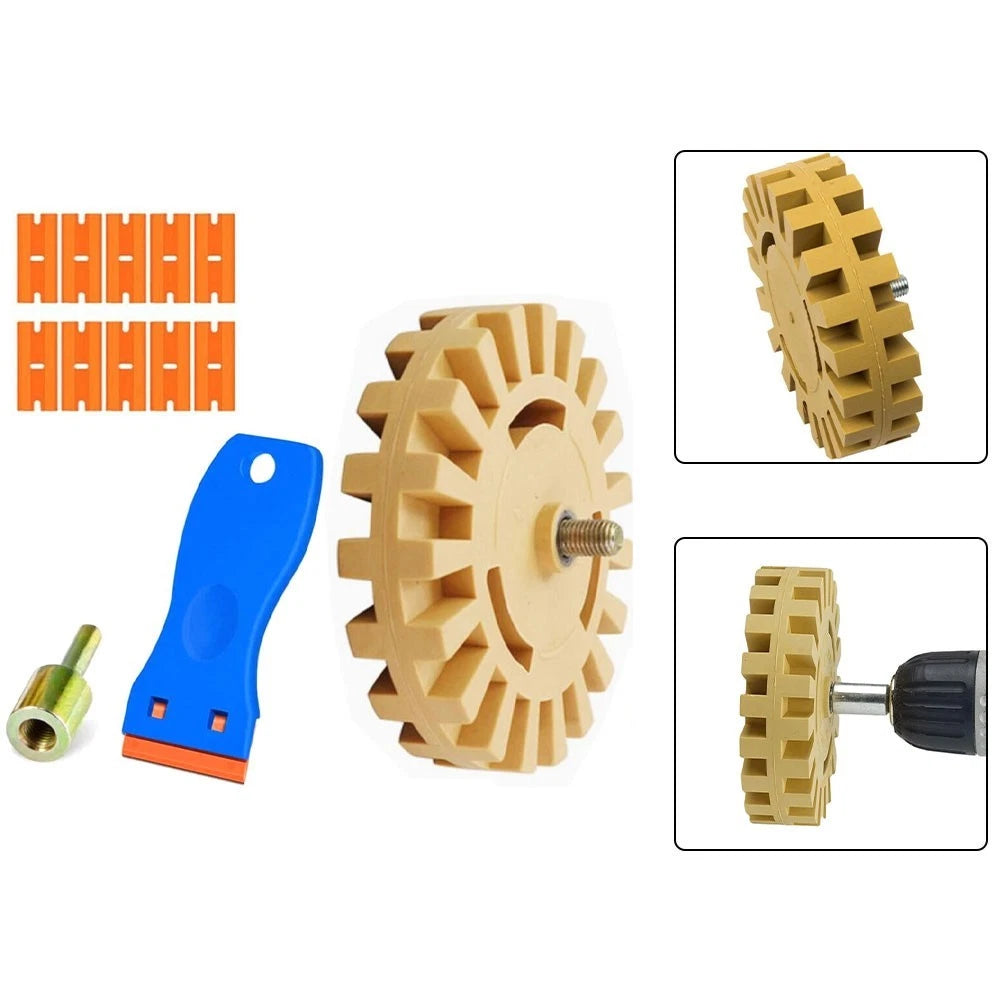 Rubber Wheel Kit for Drill with Car Sticker Removal Tools and Plastic Blades