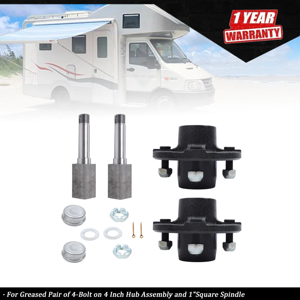 2x Assembled 4 on 4" Trailer Hub Kit & 1" Square Spindle with Bearings