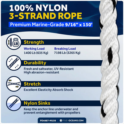 Boat Anchor Rope 9/16 inch x 150 ft for Marine (Premium 3-Strand)