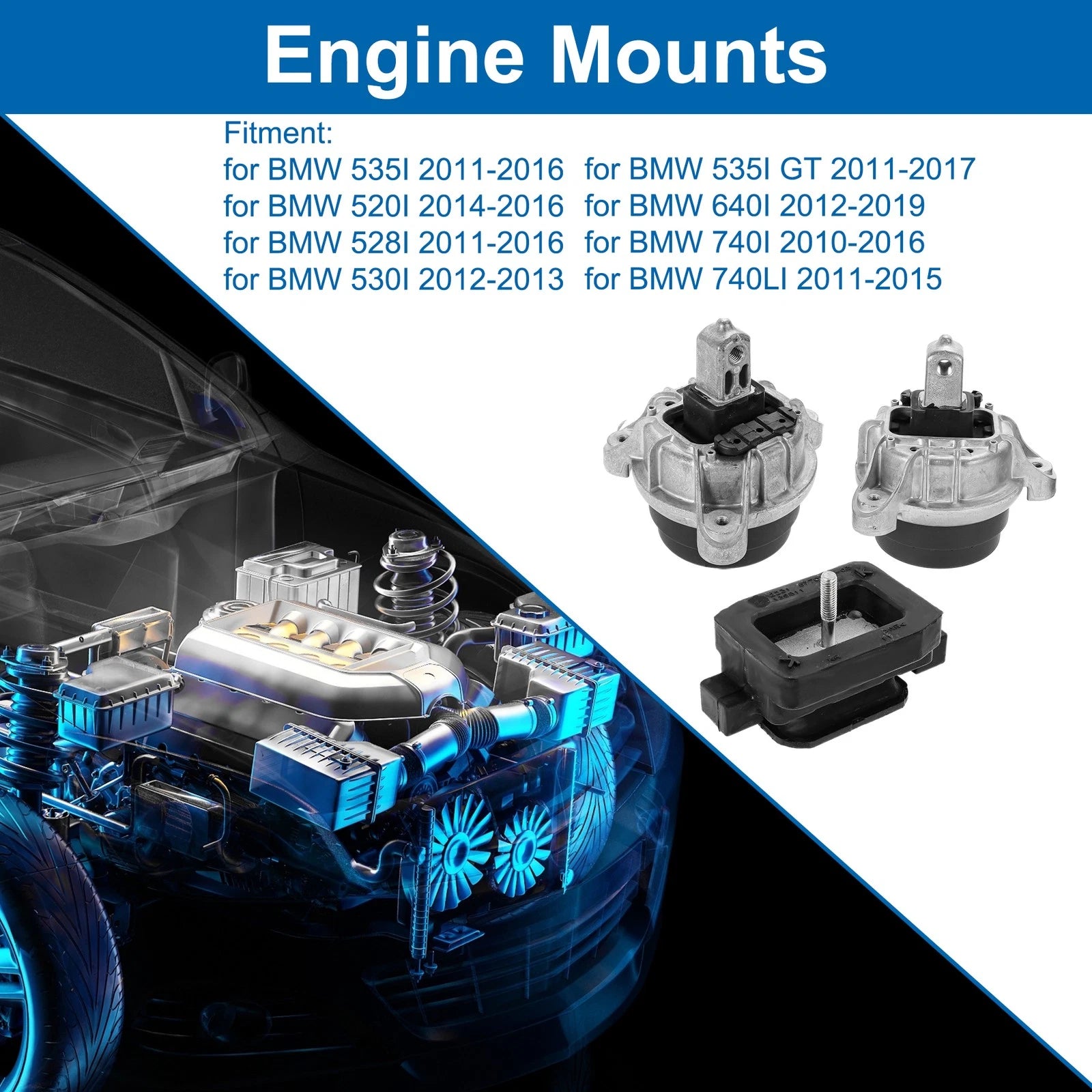 3 Pcs Engine Motor Mount Replacement Kit for BMW 520i (2014–2016)