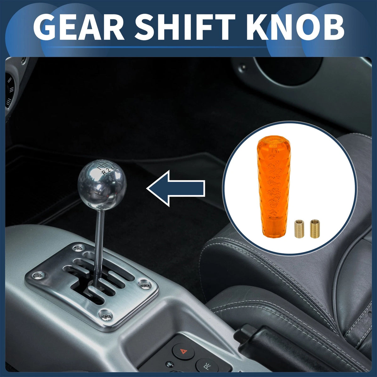 Set of 1 Gear Shifter Knob with 2 Adapters for Universal Fit (15cm)