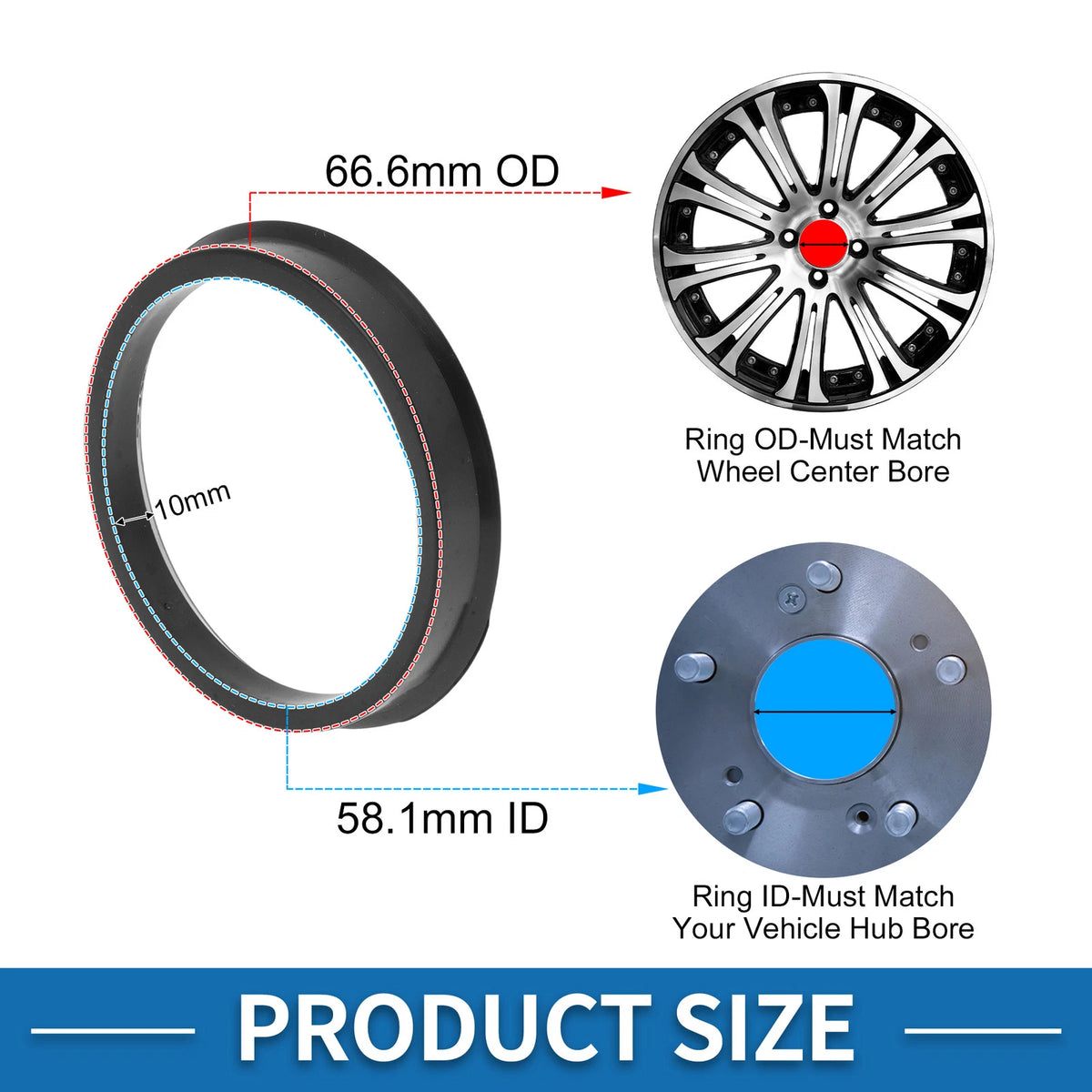 Set of 4 Hub Centric Rings for Car (66.6mm to 58.1mm) Black Polycarbonate