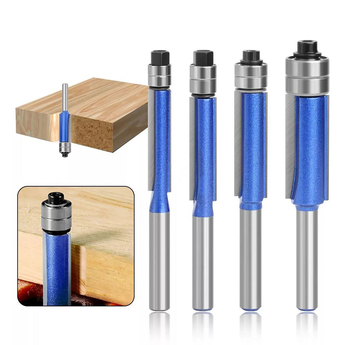 Set of 4 Router Bit Template Cutters for Woodworking (1/4 Shank)