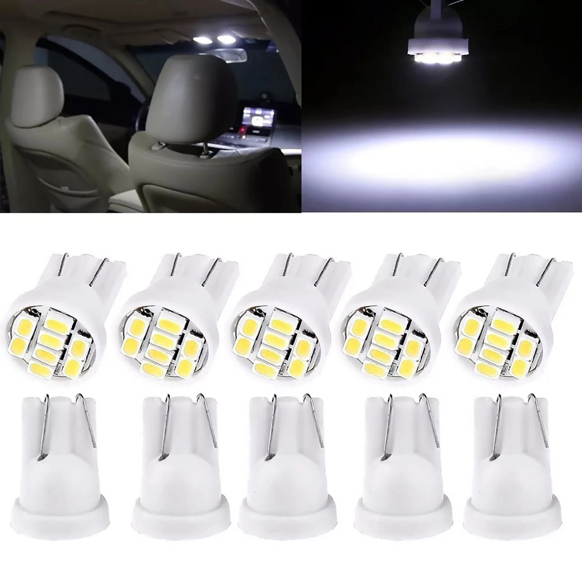 10Pcs T10 White LED Bulbs for Trunk License Plate Lights (12V)