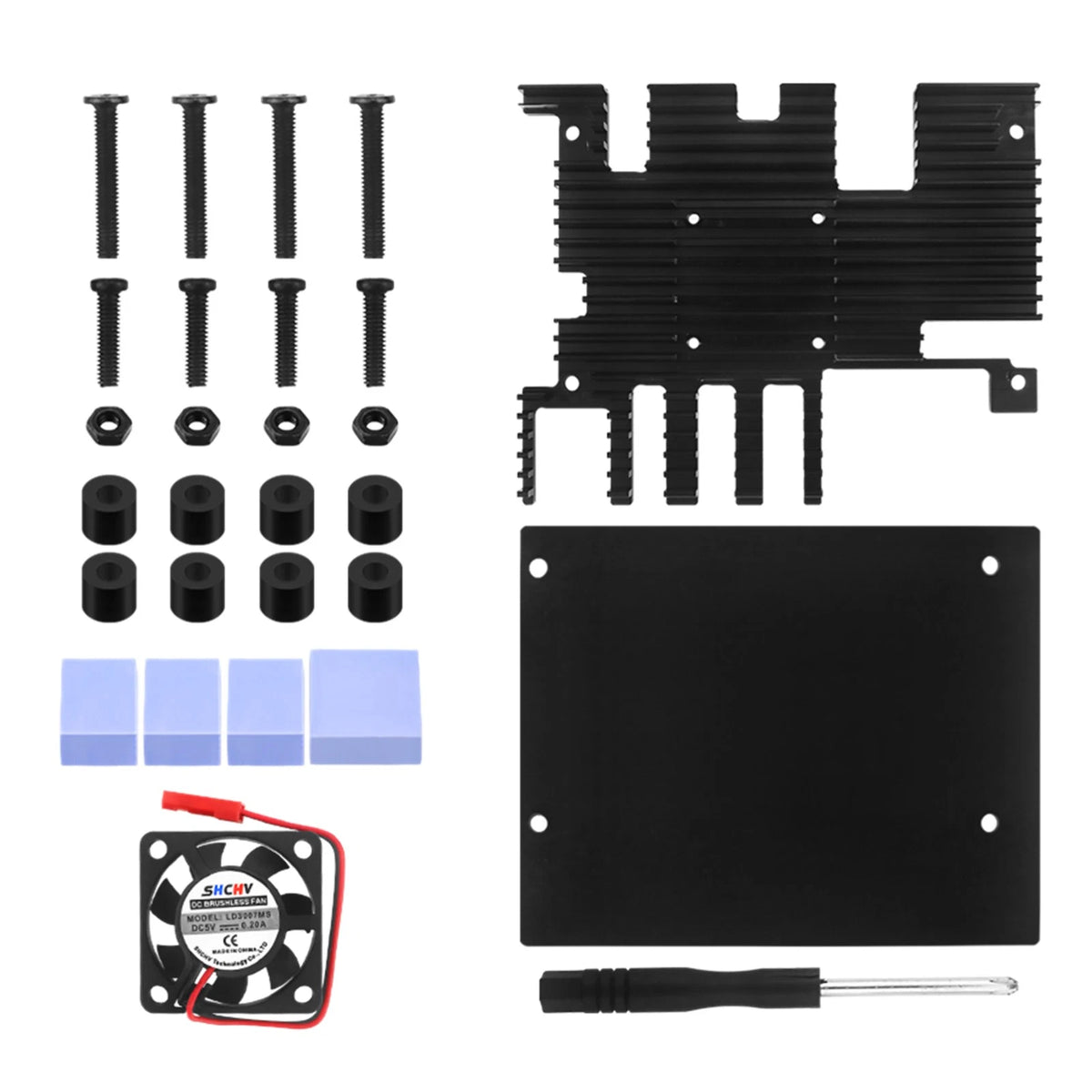 Cooling Fan Kit with Alloy Cover, Base, Silicone Heatsinks for Orange Pi 5 Plus
