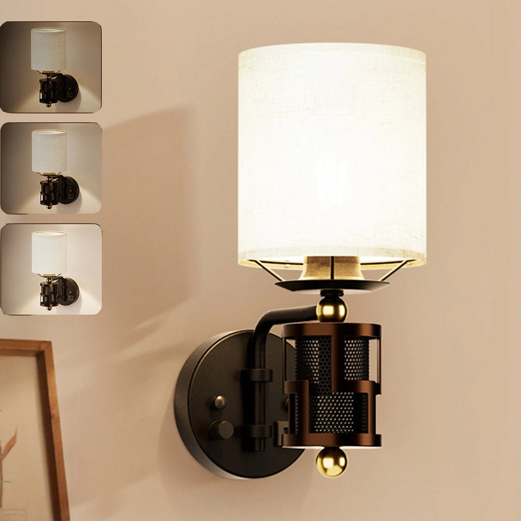 Dimmable Wall Sconce for Vintage Bedroom Fabric Shade Bronze
