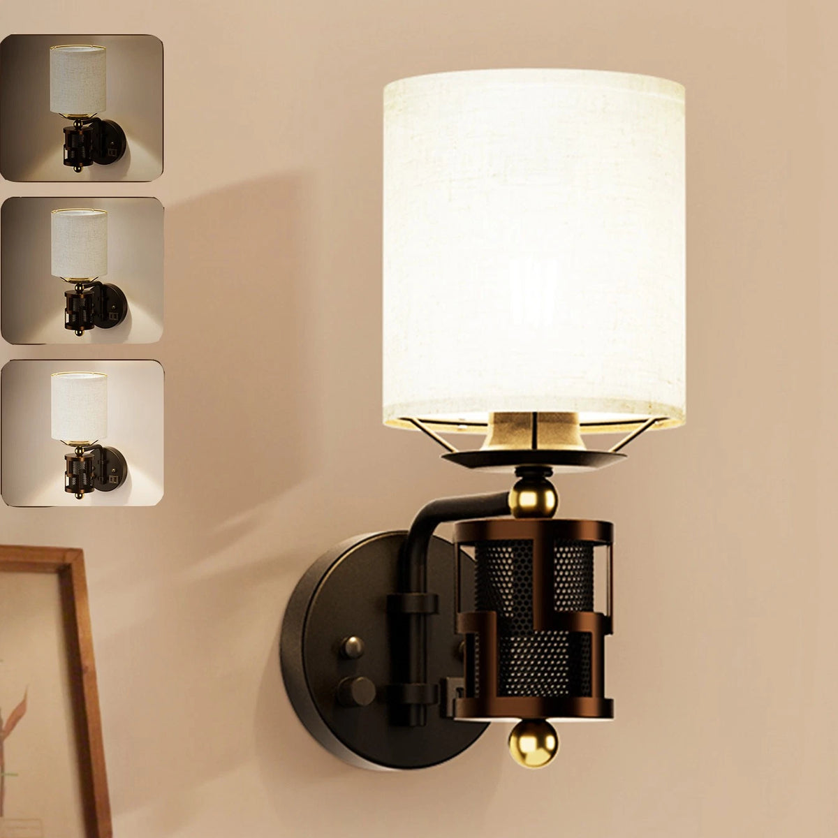 Dimmable Wall Sconce for Vintage Bedroom Fabric Shade Bronze