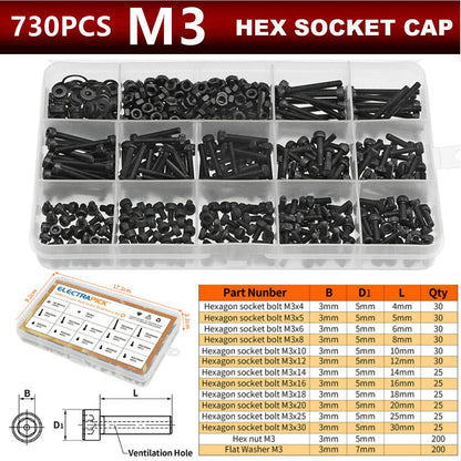 730PCS Hex Socket Head Screw Cap Set M3 for Universal Applications
